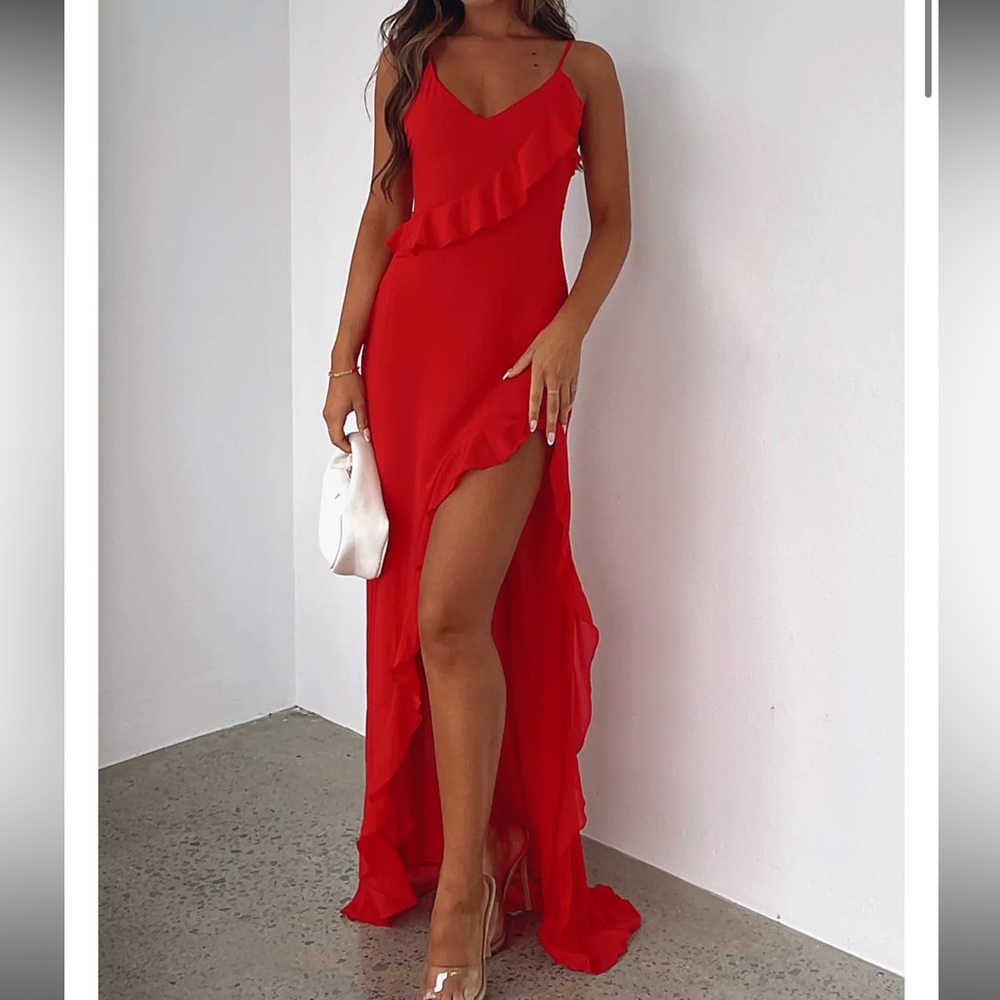 White Fox End Of The Road Maxi Dress Red Ruffled Open Back